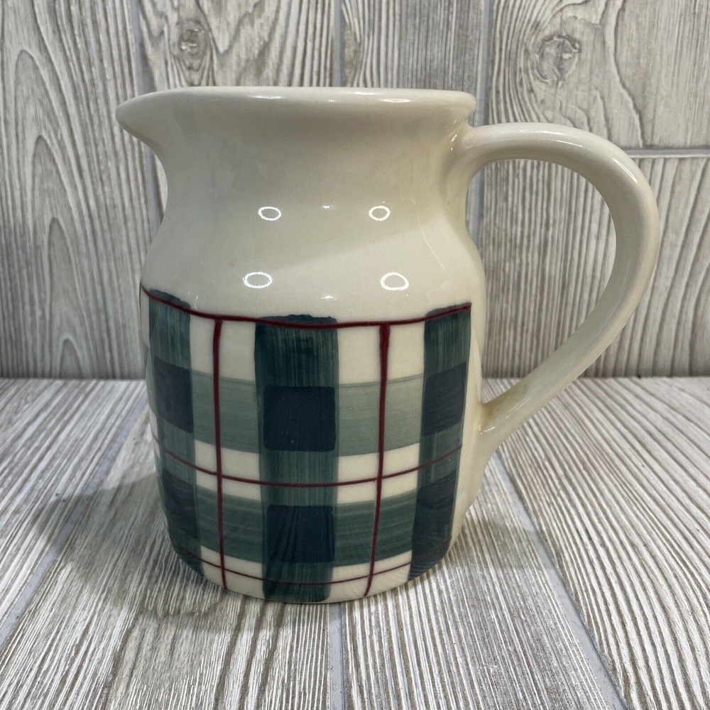 Hartstone Buffalo Check Pottery Pitcher 6.5" Green Red Plaid VTG RARE